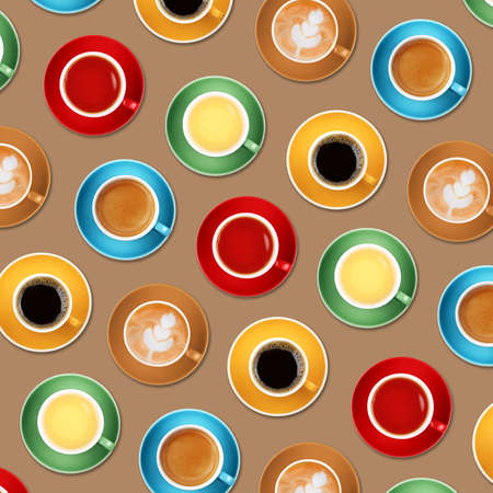 Pattern of different coffee (espresso, cappuccino, americano, instant, roasted beans) and tea (black, green and oolong) cups over beige backgroundの写真素材