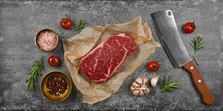 Close up one aged prime marbled raw sirloin beef steak on brown paper parchment wrapping, with...