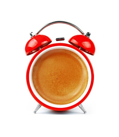 Close up one red retro alarm clock with espresso coffee cup froth crema face, isolated on white...