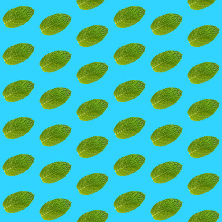 Seamless pattern of fresh green mint leaves on vivid blue background