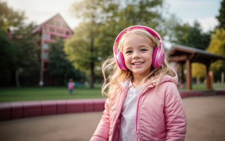 Smiling happy young white girl with blonde hair, wearing pink jacket, listening music in headphones outdoors, close up front portrait, AI generatedの素材