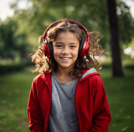 Smiling happy young white girl with curly brown hair, wearing red hoodie, listening music in headphones outdoors, close up front portrait, AI generatedの素材