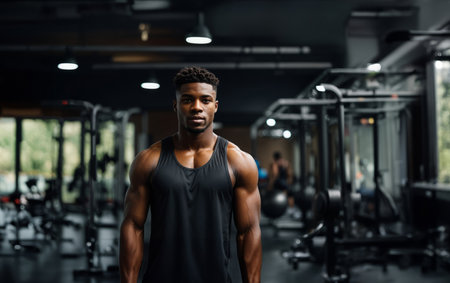 One handsome young athletic blck man wearing tank at crossfit training in gym, front view, looking at cameraの素材