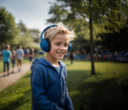 Smiling happy young white blonde boy, wearing blue jacket, listening to music in headphones outdoors, close up front portrait, AI generatedの素材