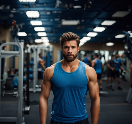 One handsome young athletic white man wearing blue tank at crossfit training in gym, front view, looking at cameraの素材