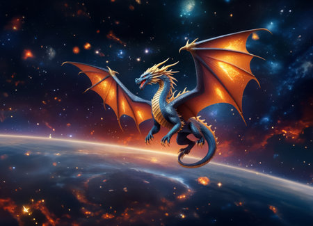 Gorgeous alien cosmic dragon spreading wings and roaring orbiting planet in space, epic dark magical fantasy or science fiction scene, copy space, AI generatedの素材