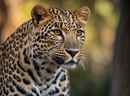 Close up portrait of beautiful African leopard looking at camera, low angle, front view, AI generatedの素材