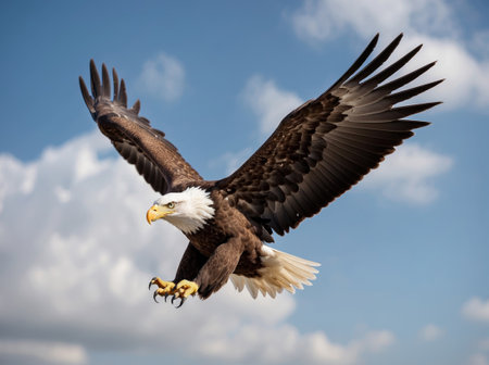 Impressive bald eagle in flight with a clear blue sky and clouds in the background, AI generatedの素材