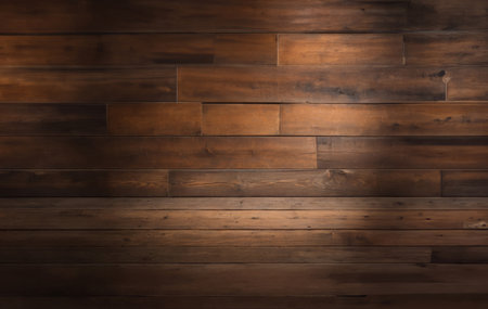 Empty room or barn of old dark vintage grunge weathered wooden planks, close up background texture, diminishing personal perspective, AI generatedの素材