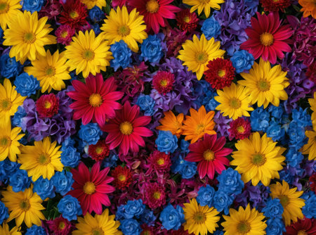 Vibrant and diverse background pattern of colorful yellow, bue, pink and red garden flowers, directly above, AI generatedの素材