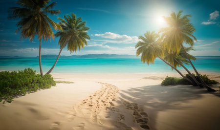 Footprints leading to the sea on a serene tropical beach with palm trees and sunset glow, AI generatedの素材