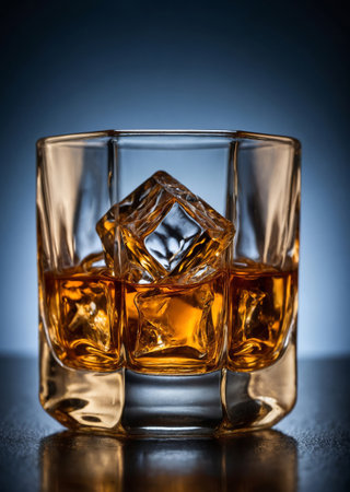 Close-up of whisky with ice in a cut glass tumbler against a dark blue background with copy space, AI generatedの素材
