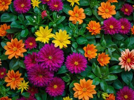 Vibrant multicolored Chrysanthemum flowers in full bloom creating a natural floral background with green leaves, directly above, AI generatedの素材