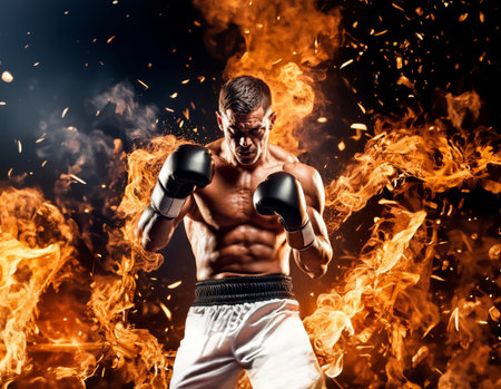Close up front portrait of white male boxer in black boxing gloves fighting in fire flames, AI generatedの素材