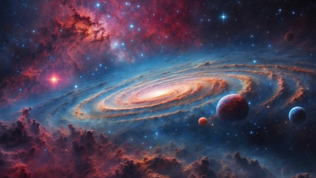 Beautiful colorful cloud nebulas and stars in dark night cosmos, scenic vivid astronomy and space science background, AI generatedの素材