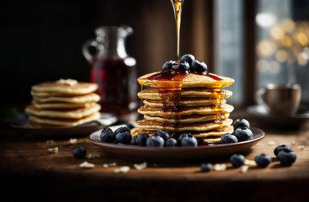 Warm stack of fluffy pancakes with fresh blueberries bathed in the golden glow of dripping maple syrupの素材