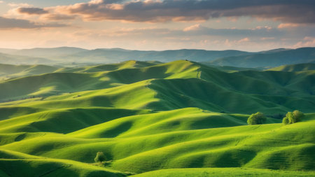 Picturesque landscape of vibrant green rolling hills bathed in the warm glow of the setting sun, AI generatedの素材
