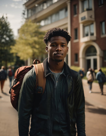 Portrait of young black male college student with a backpack standing outdoors in university campus, AI generatedの素材