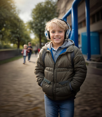Smiling happy young white blonde boy, wearing blue jacket, listening to music in headphones outdoors, close up front portrait, AI generatedの素材