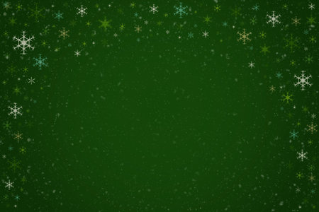 Abstract dark green Christmas holiday winter background frame of falling snowflakesの写真素材