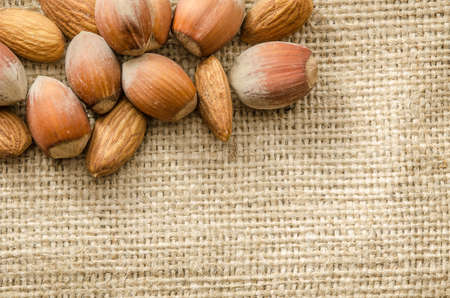Almonds and hazelnuts isolated on baggingの写真素材