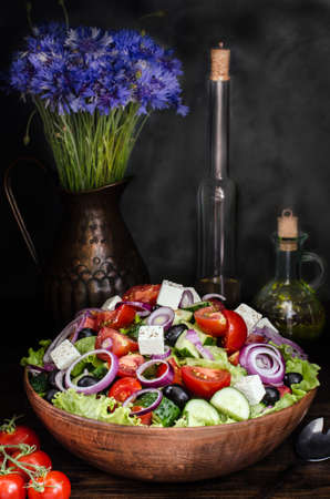 Fresh Greek salad in Bowl, still lifeの写真素材
