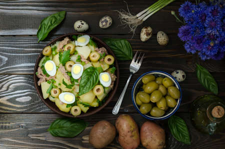 Fresh Spanish potato salad with tuna, still lifeの写真素材