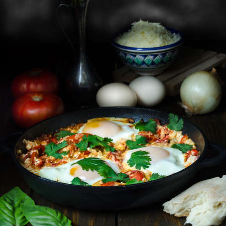 Breakfast with Turkish spicy shakshuka, still lifeの写真素材
