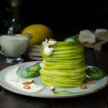 Waldorf salad on wooden table, still lifeの写真素材