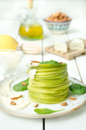 Waldorf salad on wooden table, still lifeの写真素材
