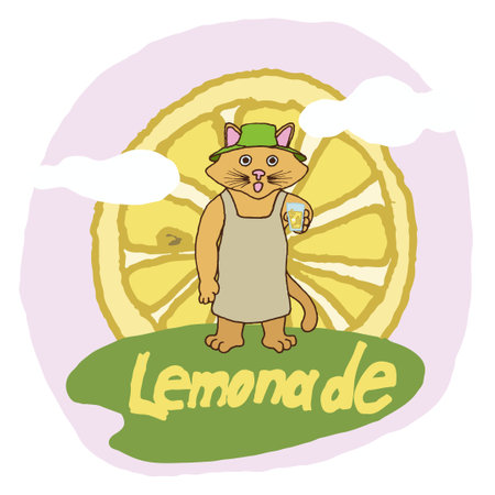 Illustrations of a cat with lemonade on a beautiful background. Kitten, ice, lemon, summer time, ready to use, eps. For your designのイラスト素材