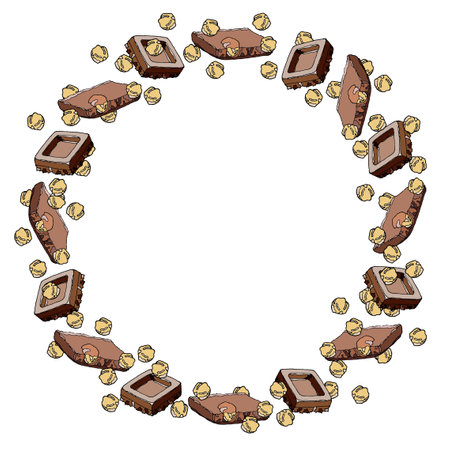 Illustration of a frame made of chocolate pieces with nuts on a white background. Frame, snacks, piece of chocolate, nut, chocolate, ready to use, eps. For your designのイラスト素材