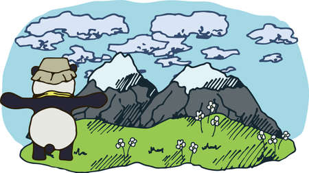 Illustration of a panda in the mountains against a colorful landscape. Exploring nature, mountains, green hills, landscape, animals. For your designのイラスト素材