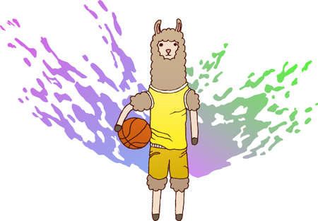 Illustration of a lama standing with a basketball. Animal, rack, cool, spots, eps ready to use. For your designのイラスト素材