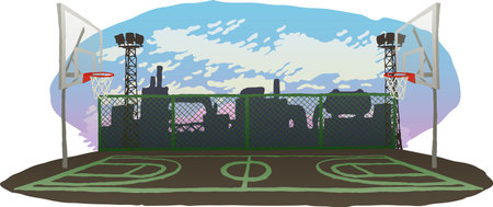 Illustration of an outdoor basketball court. Factory, Landscape, Sport, Street, eps ready to use. For your designのイラスト素材