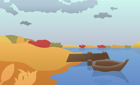 Autumn landscape. A wooden boat stands on the pier, reflected in the water, a colorful forest on the horizon red yellow green. Ready to use eps for designのイラスト素材