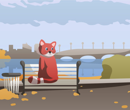 Illustration of the autumn park. A red panda is sitting on a bench on the embankment. An urban landscape with a bridge, a river and a reflection in it, autumn leaves on the ground. Ready to use epsのイラスト素材