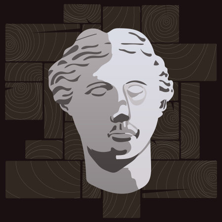 Illustration of an ancient statue on a black background. The head of the ancient goddess Aphrodite, Venus of Milo, a bust of a plaster head in a modern vector image on a background of wooden slatsのイラスト素材