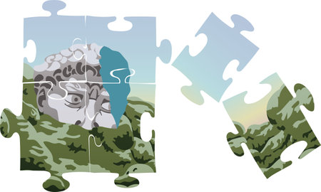 A jigsaw puzzle image of a fragment of David s head on top of green stones with moss. The contact of art and nature. A ready-to-use eps image for your design For posters stickers postcards culture artのイラスト素材