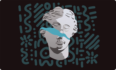 Illustration of the destroyed head of Aphrodite. Two pieces of an ancient bust on a dark background with abstract stripes. A ready-to-use eps image for your design. For posters stickers postcards artのイラスト素材