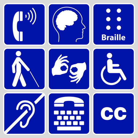 blue disability symbols and signs collection, may be used to publicize accessibility of places, and...