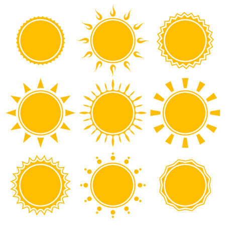 set of shiny bright yellow sun isolated on white backgroundのイラスト素材