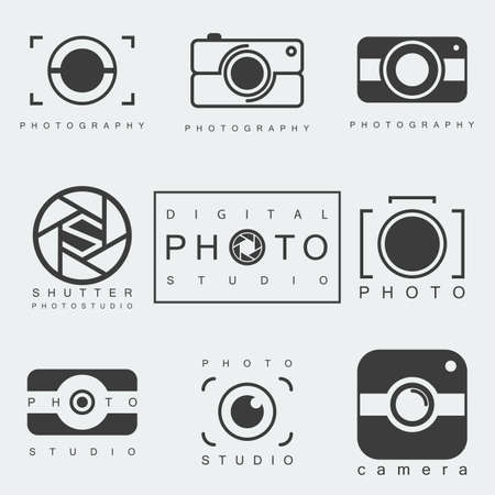 black photography icon set isolated on white background. photo studio emblem. camera pictogram or sign. vector illustrationのイラスト素材