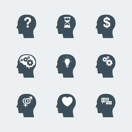 human head icons set. symbol of thinking process and idea concept, relation and communication, time and money concept. vector illustrationのイラスト素材