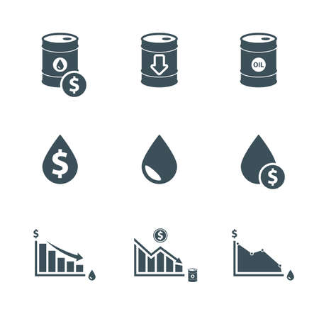 oil price icon set. drop in oil prices. the global oil crisis. oil down infographic. isolated on white background.のイラスト素材