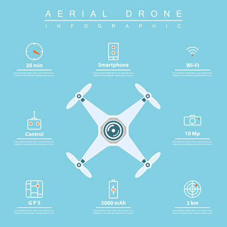 air drone infographic. thin line icons of drone feature: flight time, smartphone controlling, gps navigation, etc. drone characteristic for aerial photography or footage.のイラスト素材