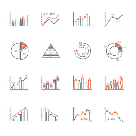 graphs and charts thin line icons set. data elements, bar and pie, diagrams for business infographics. visualization of data statistic and analytics. isolated on white background.のイラスト素材