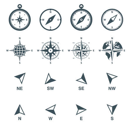 navigation icons set. compass, wind rose and direction arrows. isolated on white background.のイラスト素材