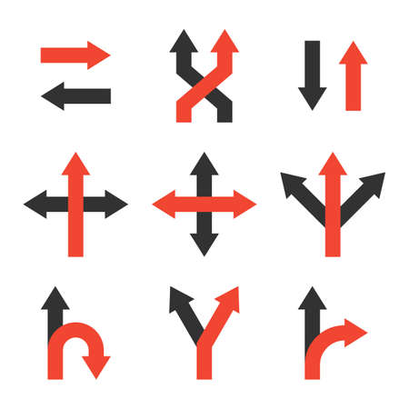 decide icons set. making a decision symbol. direction arrow sign. left or right way. uncertainty choice. competitive strategy logo. unknown pathway. isolated on white background. vector illustrationのイラスト素材