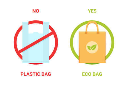no plastic bag, yes eco bag banner. stop using disposable polythene or cellophane package ban sign. pollution problem concept. isolated on white background. vector illustrationのイラスト素材